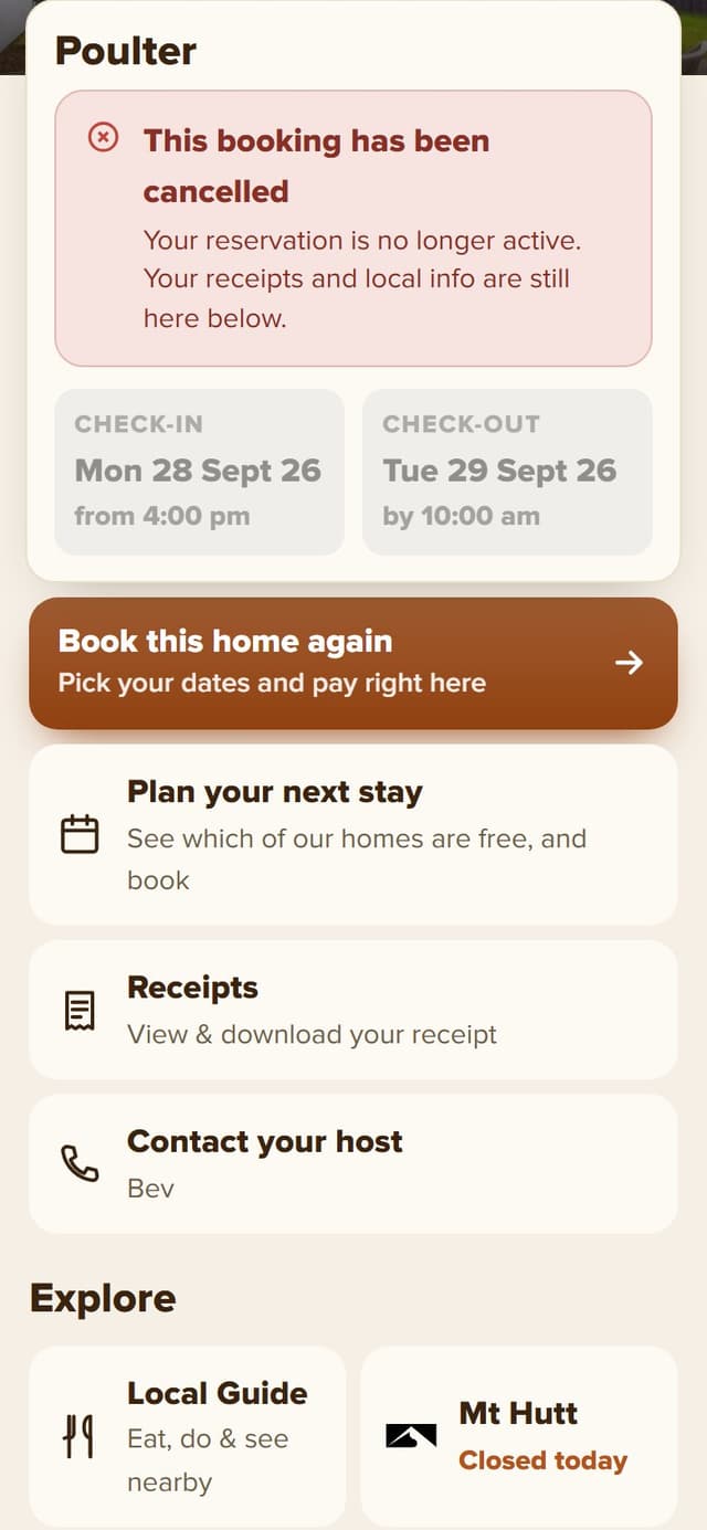 Cancelled booking notice with a Book this home again button and a search of every home