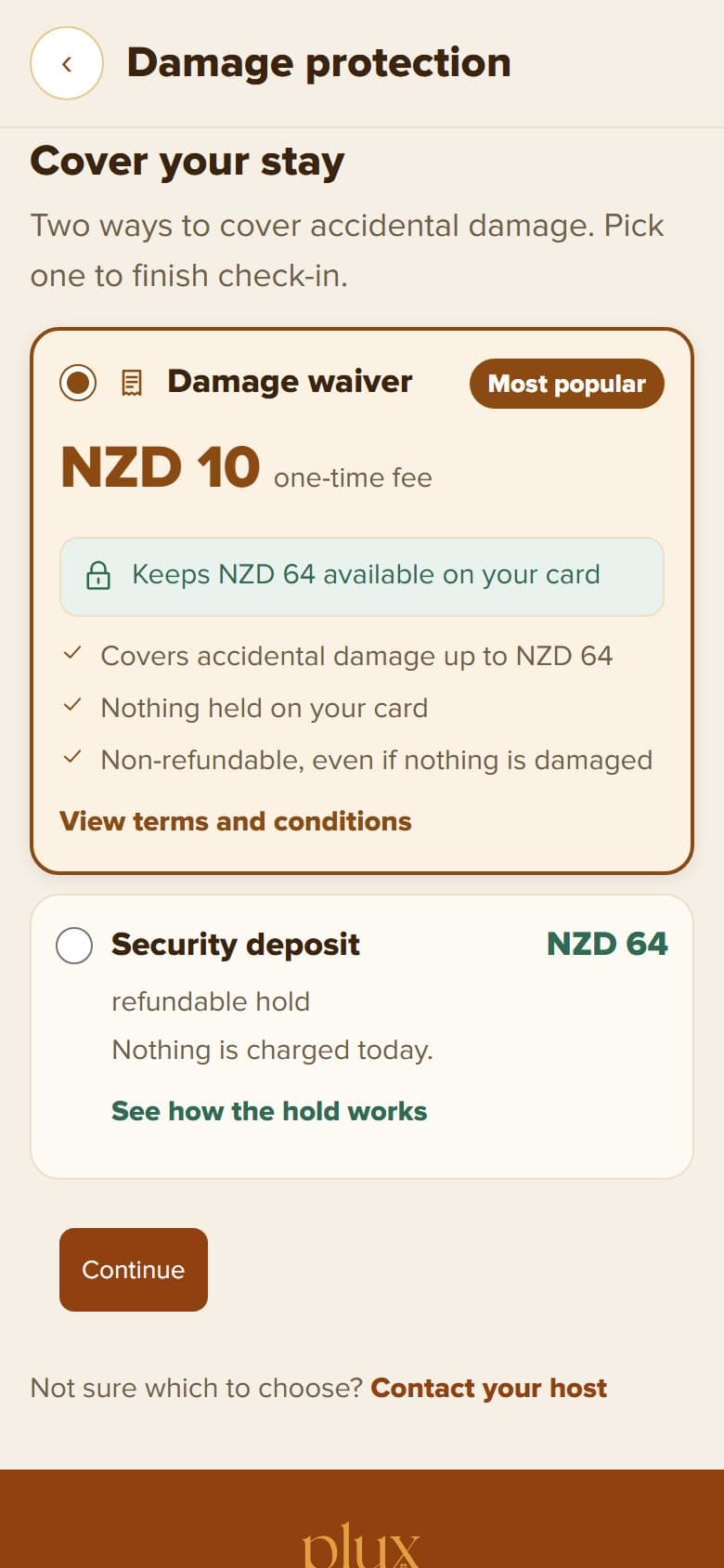 Damage protection chooser: the damage waiver marked most popular, or a refundable security deposit