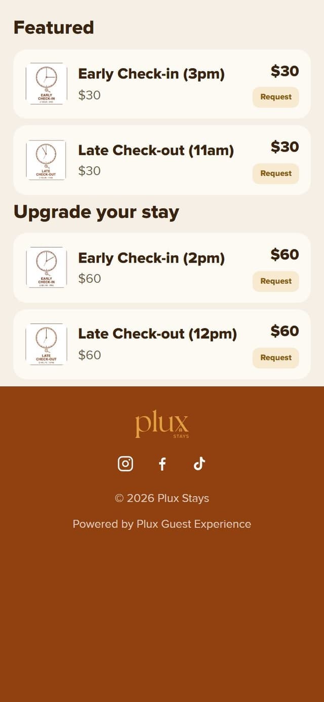 Extras catalogue: early check-in at 3pm and 2pm, late check-out at 11am and 12pm