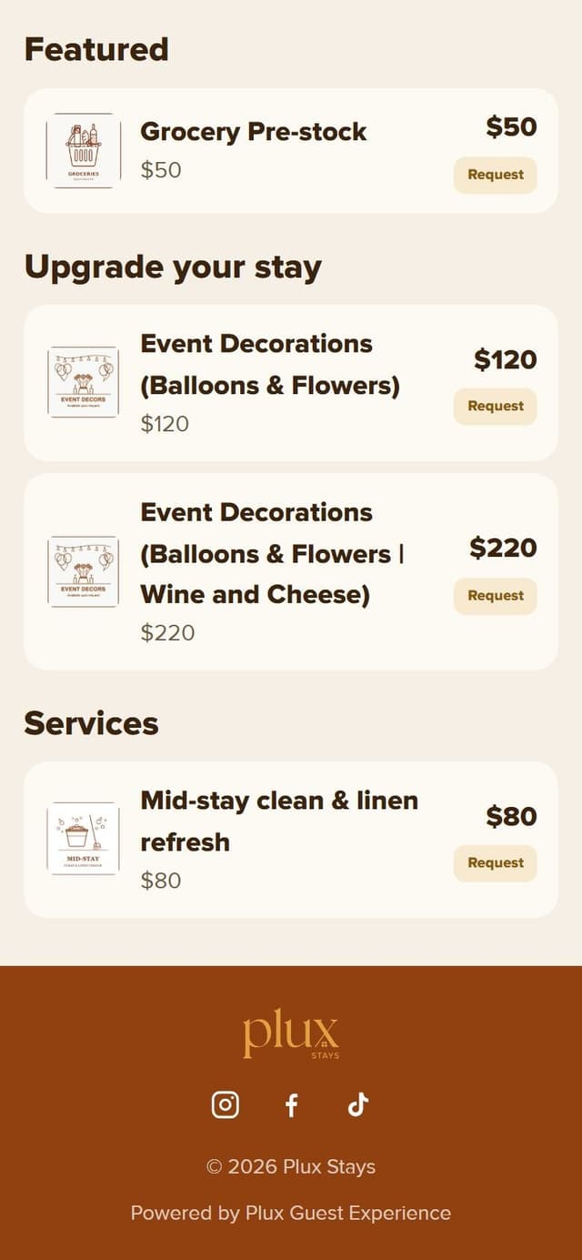 Enhance your stay catalogue: grocery pre-stock, event decorations, wine and cheese, a mid-stay clean