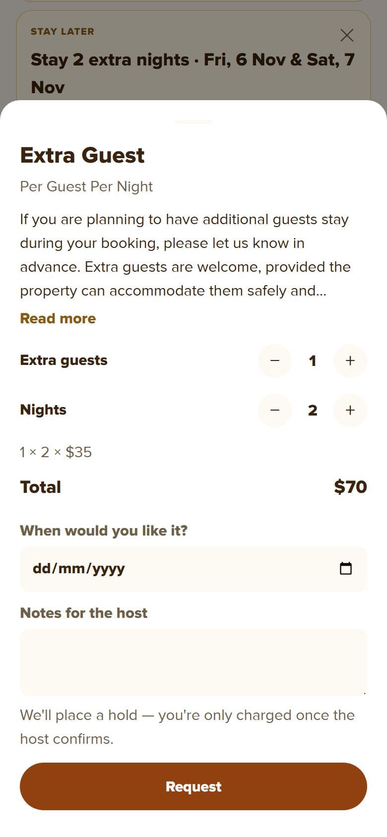Extra Guest sheet: 1 guest, 2 nights, $70 total