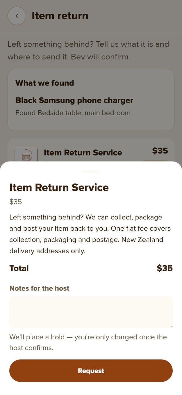 Item Return Service sheet, $35, hold placed until the host confirms