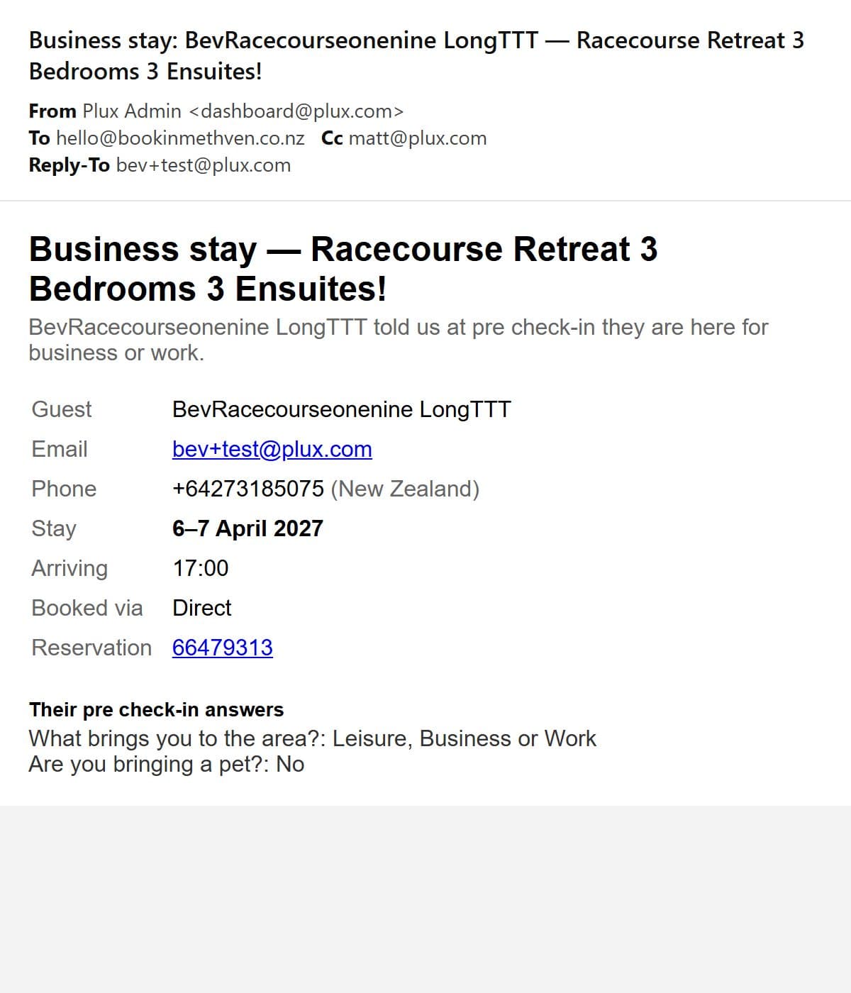 Business stay lead email with guest details and answers