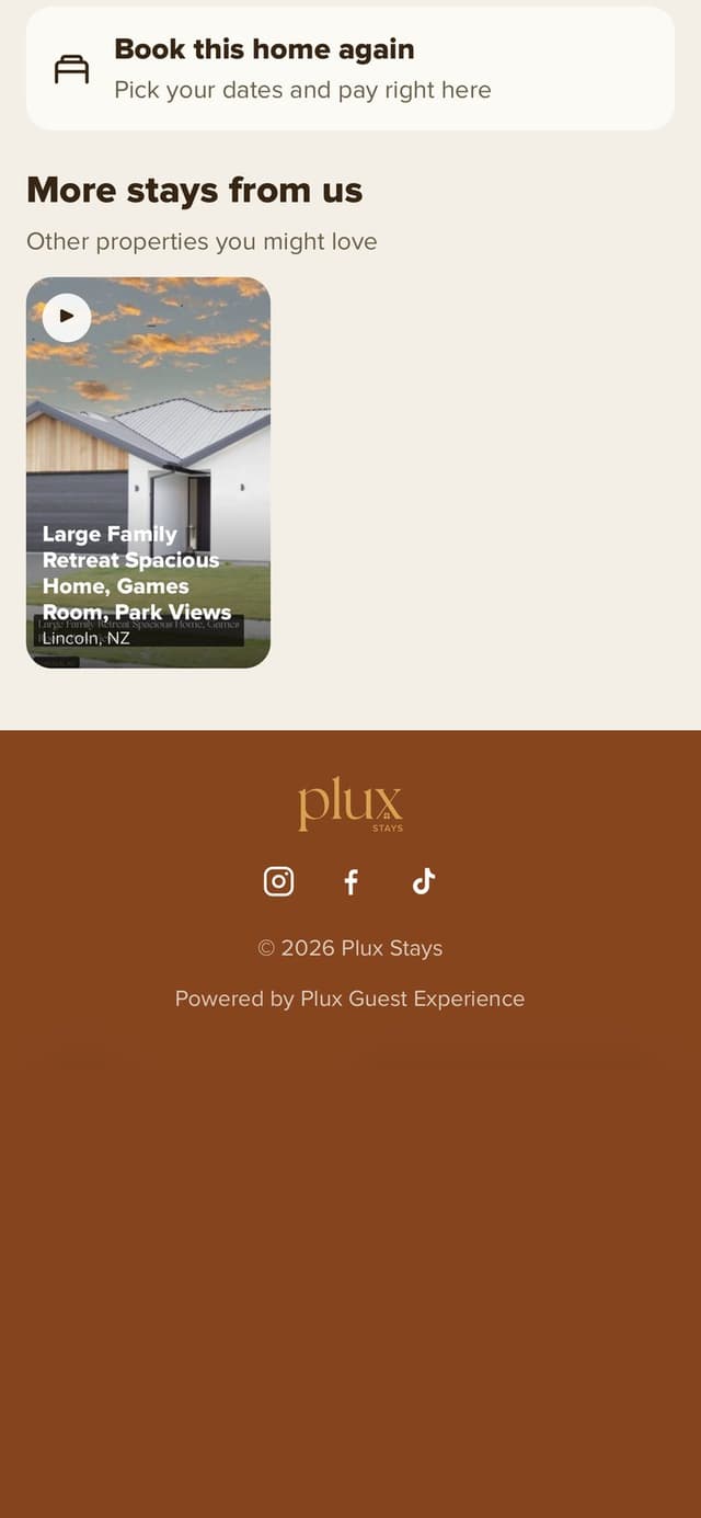 More stays from us: a reel card for 44 Poulter Road at the bottom of the guest portal