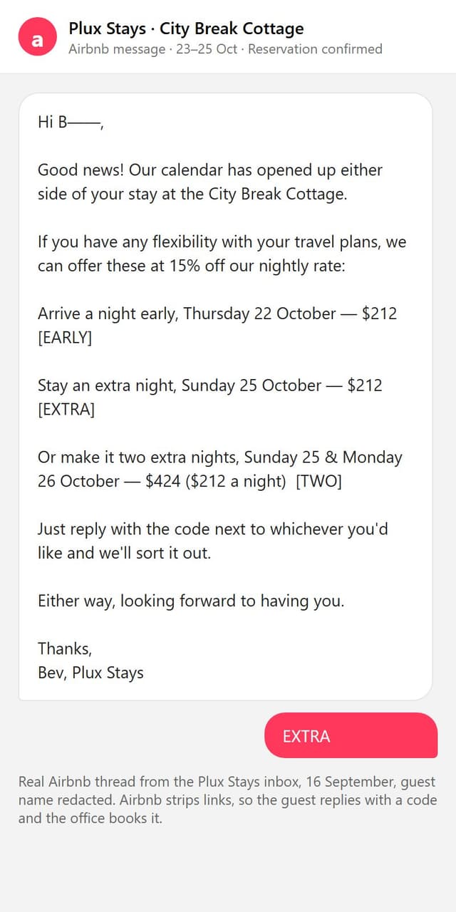 Airbnb thread with the three priced nights and a reply code