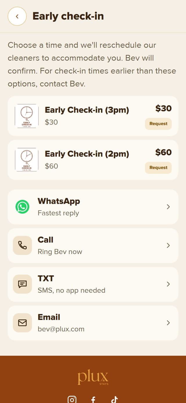 Early check-in offer page with two priced options and contact rows