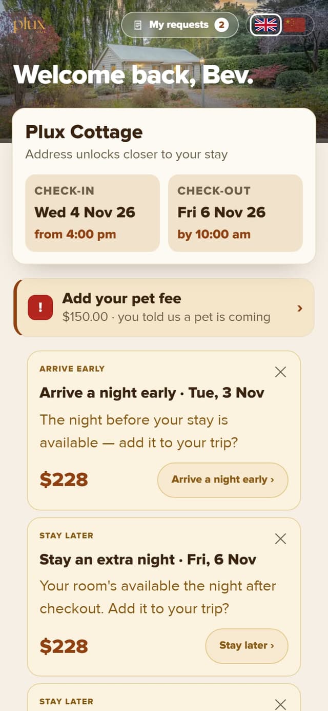 Portal home banner reading add your pet fee, $150, you told us a pet is coming