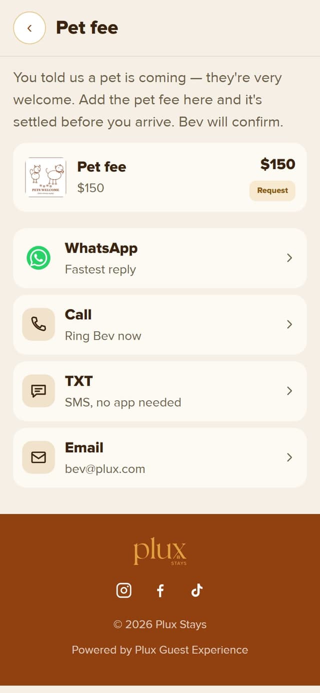Pet fee page showing $150 with a request button