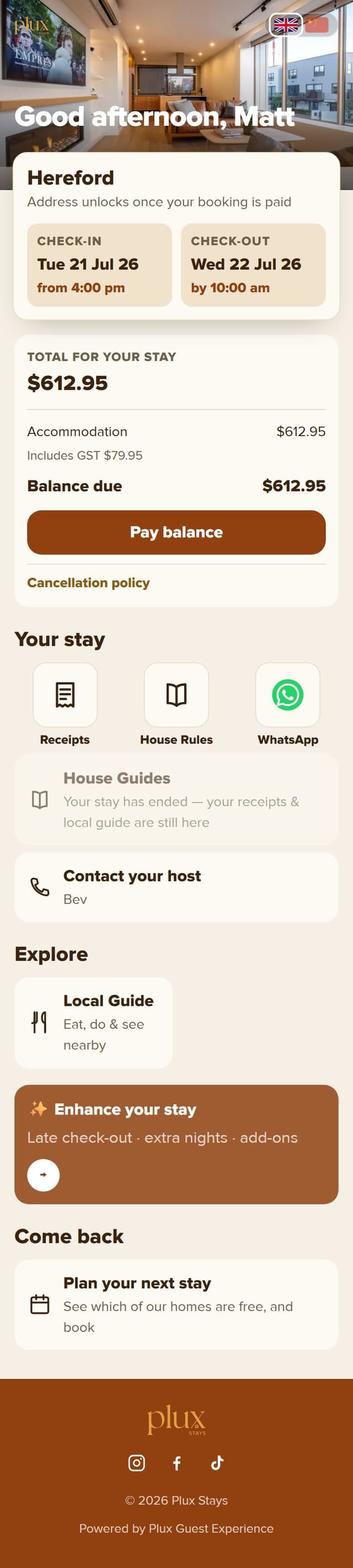 Portal home with balance due and a Pay balance button