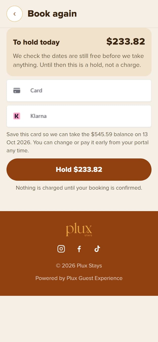 Hold sheet offering card or Klarna for the deposit