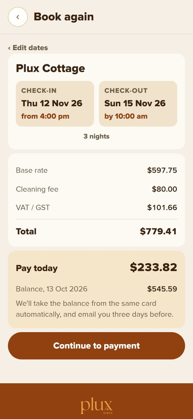 Price breakdown with deposit and balance date
