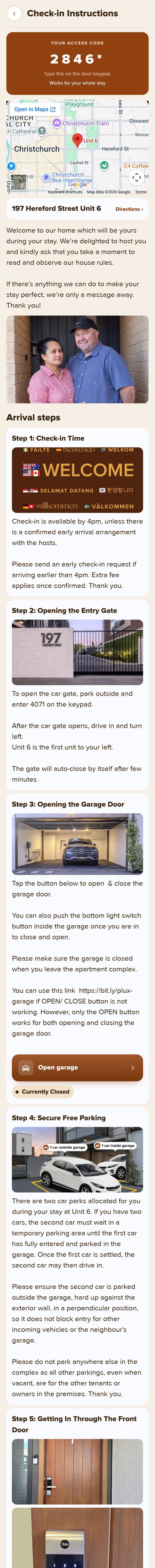 Check-in instructions: access code, entry gate, garage door with a live open button, free parking and front door steps