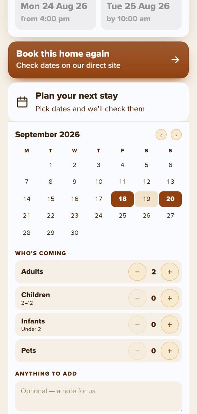 Plan your next stay: dates picked on the calendar, who's coming, and a note to the host