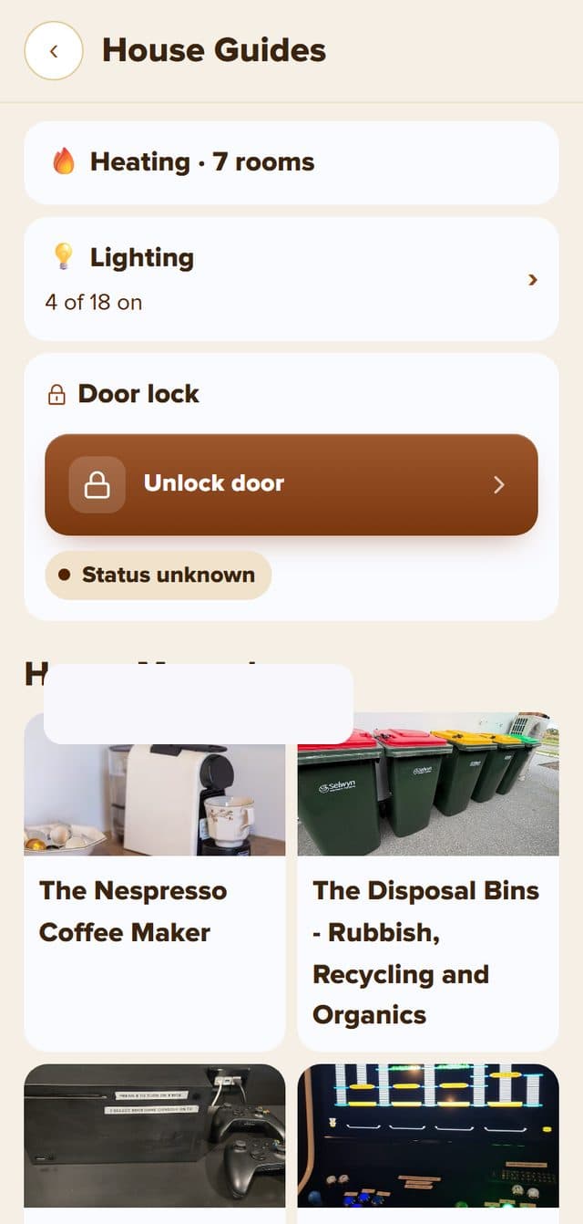House Guides: heating, lighting, unlock door button and house manuals