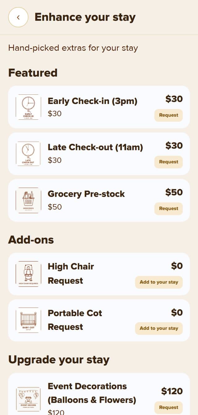 Enhance your stay: early check-in, late check-out, grocery pre-stock, cot and high chair