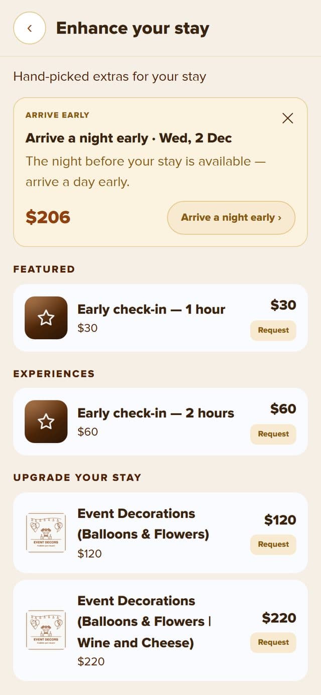 Enhance your stay: arrive a night early for $206, early check-in and extras