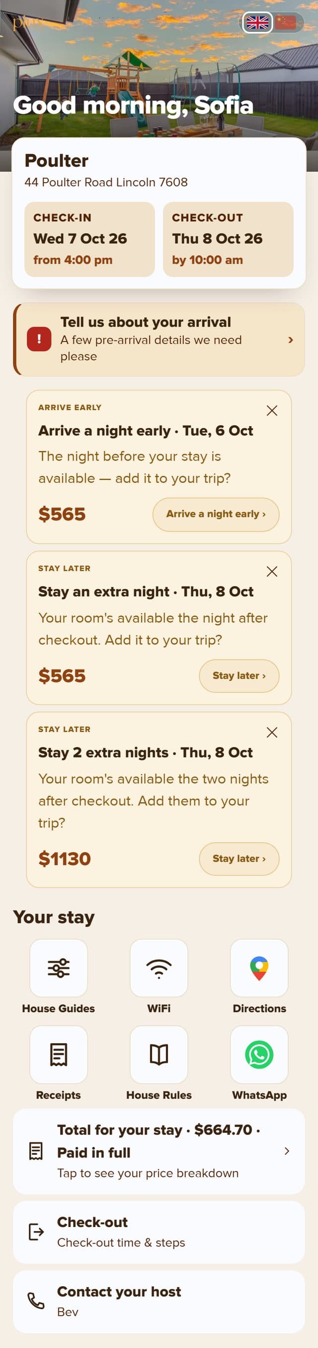 Portal home: Good morning Sofia, stay dates, adjacent-night offers, total paid in full and stay tiles