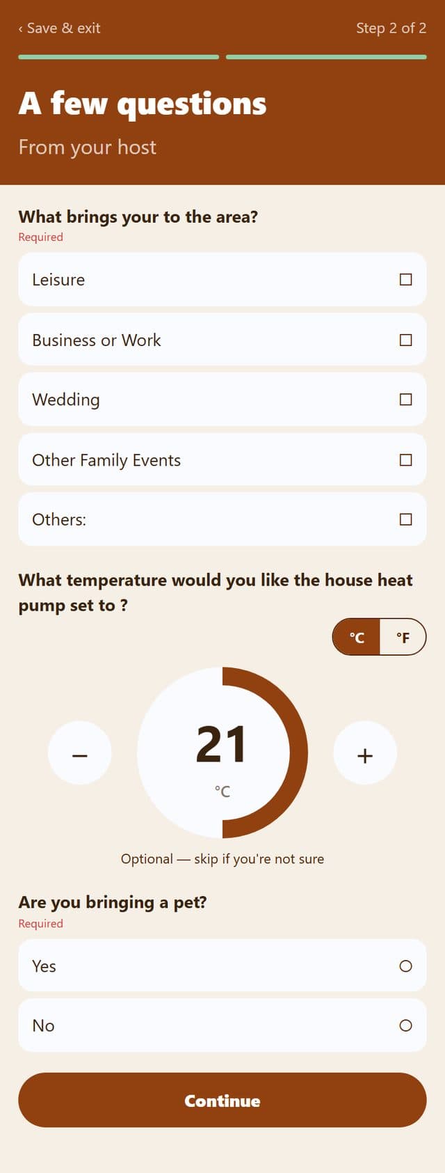 Pre-check-in questions: reason for visit, a thermostat dial for house temperature, pets