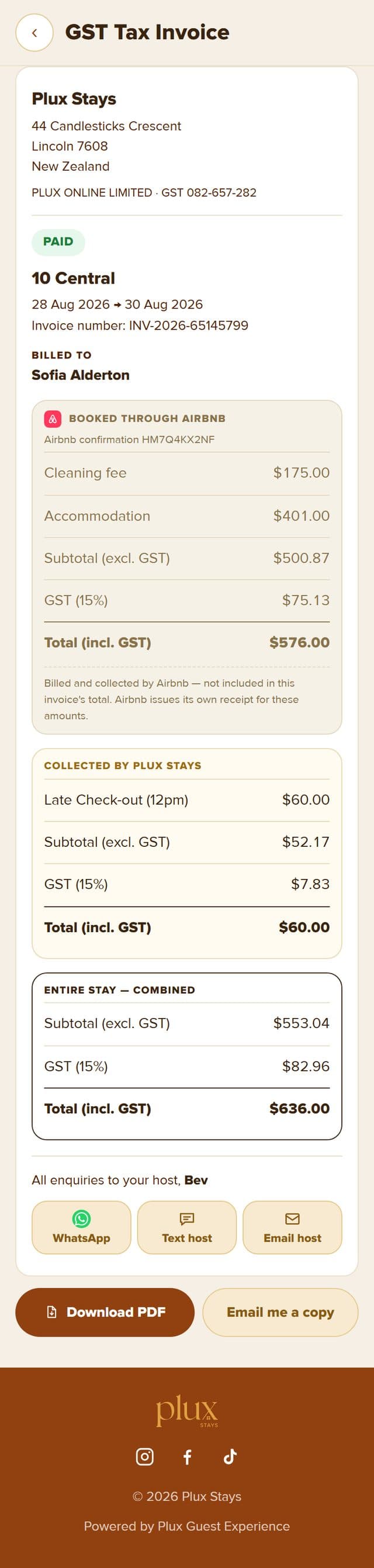 GST tax invoice for an Airbnb stay: Airbnb-collected accommodation, Plux-collected extras, and the combined total