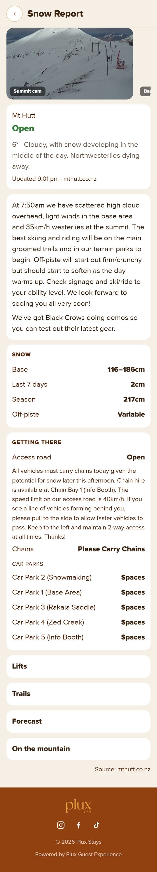 Snow Report: Mt Hutt open, summit cam, snow depths, access road and car park status