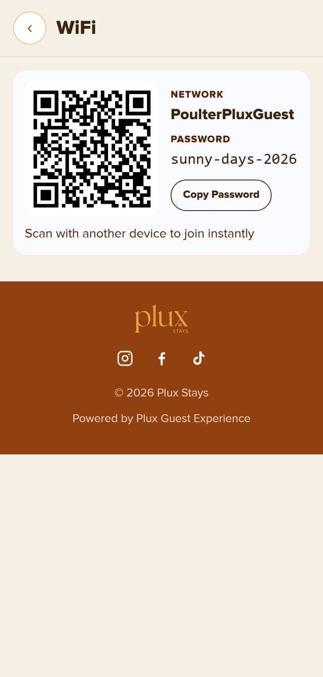 WiFi page with network name, password and scan-to-join code